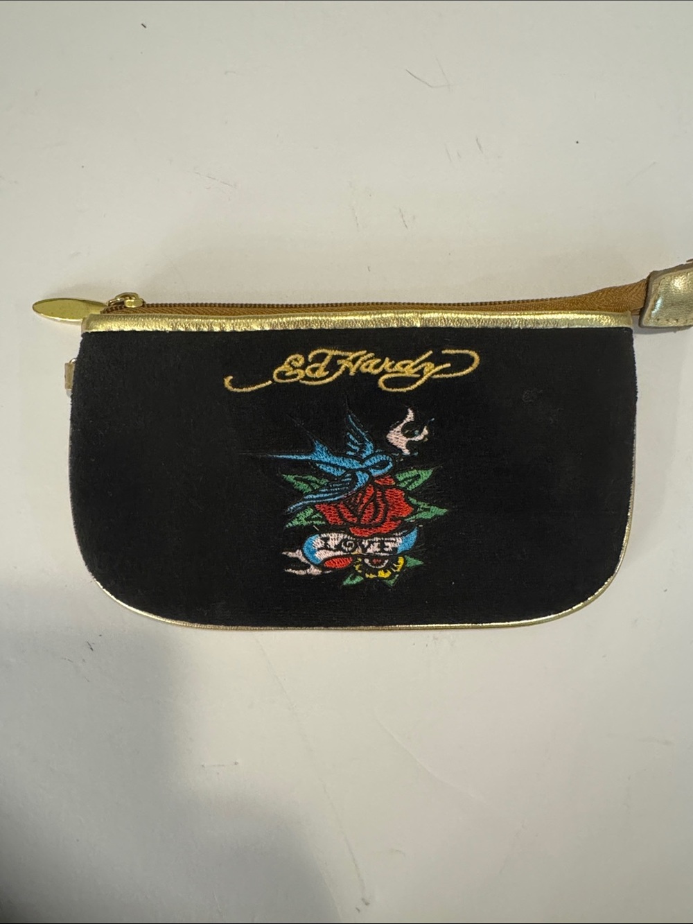 Ed Hardy Black Velvet Wristlet with Gold Trim and Tattoo Embroidery